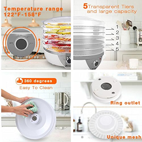 Food Dehydrator Machine - BPA Free Drying System With Five Nesting Tray - For Beef Jerky Preserving Wild Food and Fruit Vegetable Dryer in Home Kitchen (White) - Thumbnail 2