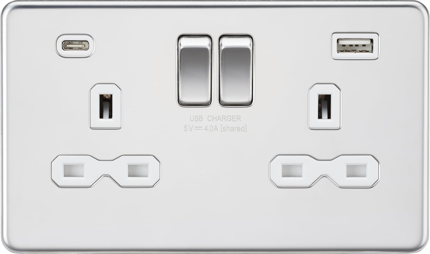 13A 2G SP Switched Socket with Dual USB A+C (5V DC 4.0A shared) - Polished Chrome with White Insert