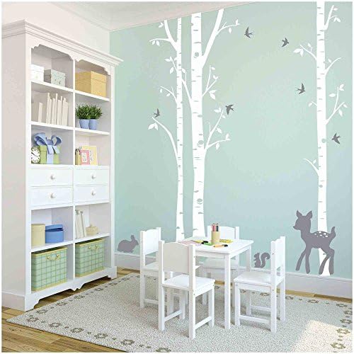 Owl Hills 3 White Birch Trees with Fawn, Bunny, Squirrel and Birds Wall Stickers, Grey