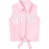 Girls Western Shirt Cowgirl Fringe Sleeveless Button Down Fringe Tie Front Shirts Casual Blouses Tops