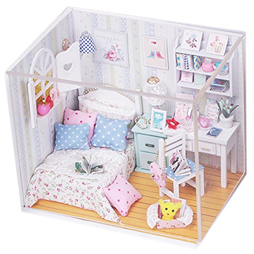 Ogrmar Wooden Dollhouse Miniatures DIY House Kit with Cover and Led Light-Leisure Reading Room