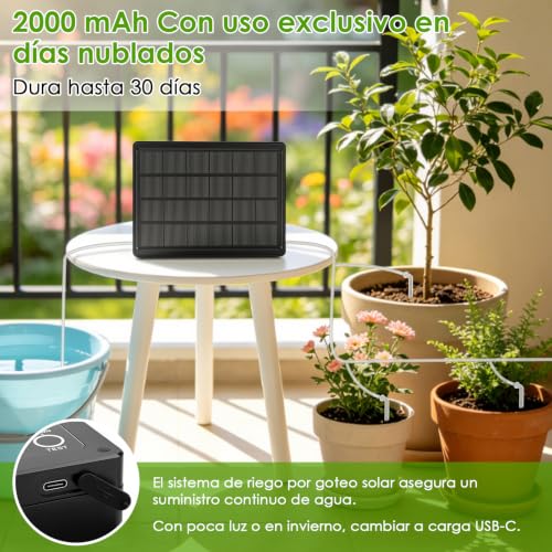 ZWOOS Riego por Goteo Solar, Sistema De Riego Automático con Temporizador, Manguera 15M & 20 Goteros, Recargable USB-C, Kit Riego por Goteo para hasta 20 Plantas, Balcón e Invernadero