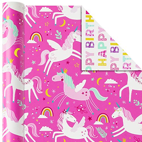 Hallmark Reversible Kids Birthday Wrapping Paper, Monsters and Unicorns