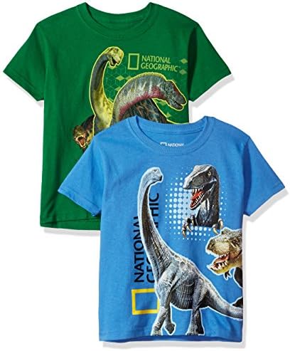 National Geographics Big Boys' Dinosaur Wrap 2-Pack Short Sleeve T-Shirt, Kelly/Light Blue, 10/12