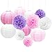 Esfun Art Tissue Paper Pom Pom Flower Purple and Pink White Paper Lantern for Christmas Birthday Wedding Party Decoration,12 Pieces