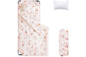 Wake In Cloud - Cot Nap Mat with Pillow and Blanket, 100% Cotton Fabric, for Toddler Kids Boys Girls in Daycare Kindergarten Preschool with Elastic Corner Straps, Floral Flowers on Light Pink