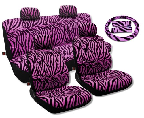 Animal Print Seat Covers Universal Sedan Set Front Pair Bench Steering Wheel Zebra Vibrant Pink For Volkswagen VW Beetle