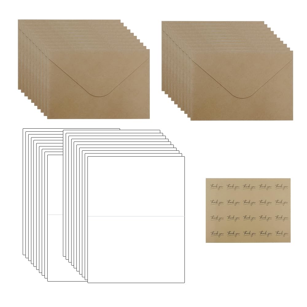 WYAN 20 Sets Kraft Paper Envelopes,with Cards and Seal Stickers,Brown Envelopes and Blank Cards,Foldable Cardboard,for Gift, Greeting Cards, Invitation(15.8 * 10.8cm)