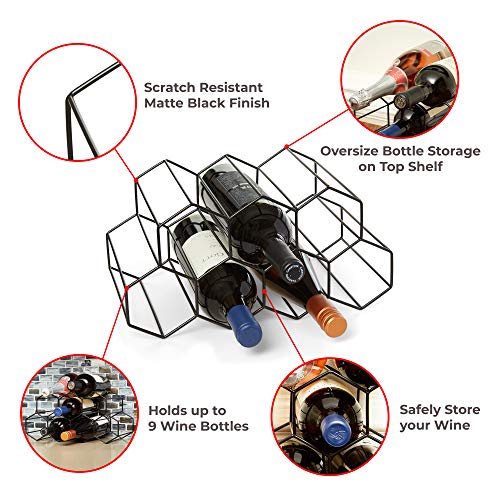 Countertop Wine Rack - 9 Bottle Wine Holder for Wine Storage - No Assembly Required - Modern Black Metal Wine Rack - Wine Racks Countertop - Small Wine Rack and Wine Bottle Holder - Tabletop Wine Rack