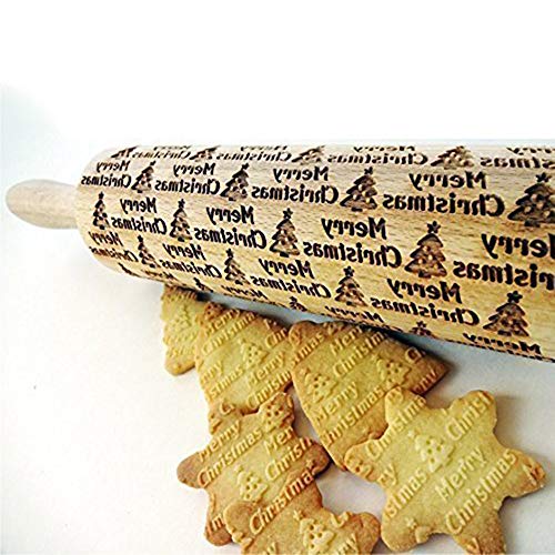 Christmas Wooden Rolling Pins Tpingfe Engraved Carved Wood Embossed Embossing Rolling Pin Kitchen Tool with Christmas Symbols for Baking Embossed Cookies (A:35×5cm)