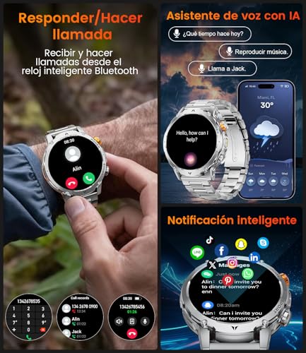 EF24-D Men's Smart Watch with 1000 mAh/Flashlight/Bluetooth Call, 1.7 Inch Military Smartwatch with 110+ Sports Modes, IP68 Waterproof, Heart Rate, Android iOS, 3 Bracelets+2 Chargers