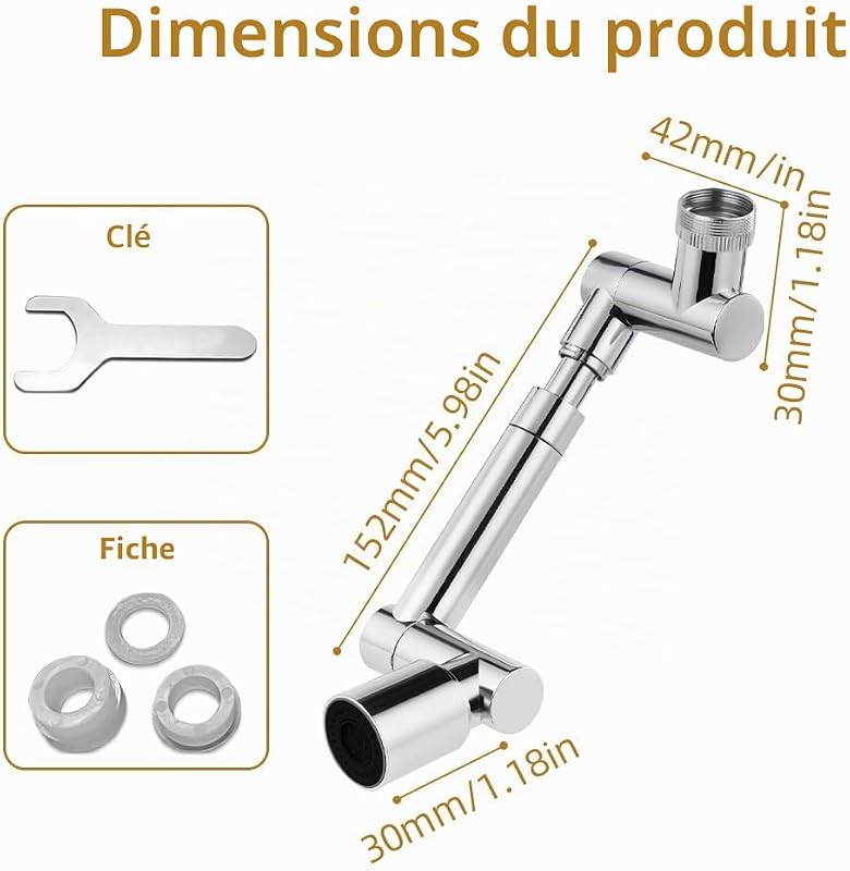 Embout de robinet rotatif, rallonge de robinet multifonction rotatif à 1440 °, avec 2 adaptateurs réglables, rallonge de robinet pour salle de bain et cuisine — photo 4 sur 7