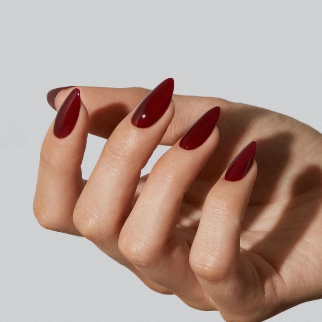 Photo 1 of 48Pcs Burgundy Press on Nails Almond Fake Nails Glue on Nails Medium Length Almond Shaped Nails Press ons, Stiletto False Nails for Women Dark Red Medium Almond Nails Thick Acrylic Gel Nails, and NYX PROFESSIONAL MAKEUP Butter Gloss, Non-Sticky Lip Gloss 