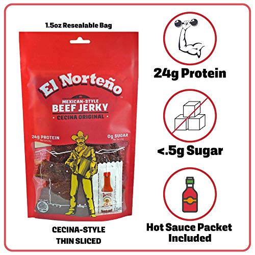 Original Beef Jerky - Thin Cut Cecina-Style by El Norteño - Low Carb, Zero Sugar, High Protein, Gluten Free, 100% Beef Jerky Snack - Made in the USA (12 - 1.5oz Snack Packs) - Thumbnail 5