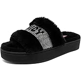 Juicy Couture Women’s Platform Slipper with Rhinestone Logo Strap, Plush Fuzzy Slide House Shoe with Soft Cushion Footbed
