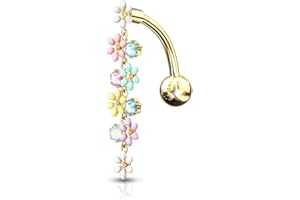 Pierced Owl Dangling Flowers with Opalite Crystals Top Down Belly Button Ring in 316L Stainless Steel