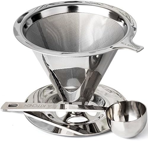 IKA KITCHEN Reusable Hand Drip Stainless Steel Cone Pour-Over Coffee Dripper with Built-In Stand and Measuring Scoop