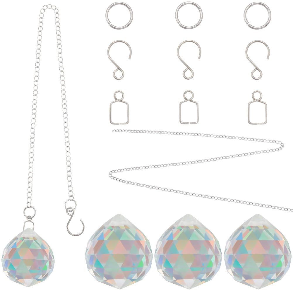 SOFPLATE 1 Box 6 Sets 30mm Rainbow Maker Crystal Prism Clear Crystal Prism Ball Small Glass Sun Shine Catcher Ball Prisms Kit with Hooks Chains for Home Window Hanging Decoration Ornament DIY Gifts