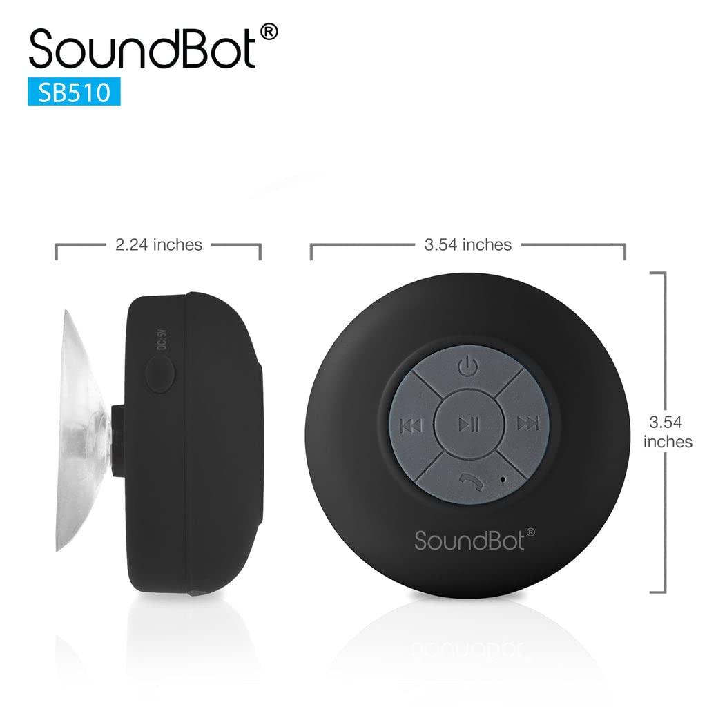 Soundbot SB510 HD Waterproof Bluetooth Shower Wireless Speaker with Speakerphone, Mic, 6-Hour Playtime, Control Buttons & Suction Cup, Powerful Sound Ideal for Bathroom, Travel, or Outdoors (Black)