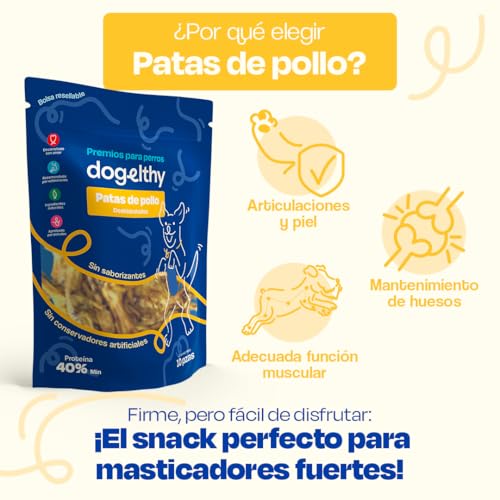 Dogelthy Patas de Pollo Deshidratadas 100% Naturales. Premio para Perros sin Conservadores ni Saborizantes Artificiales. Snacks para Perro. Treats para Cachorros, Adultos y Senior Bolsa con 10 Piezas.