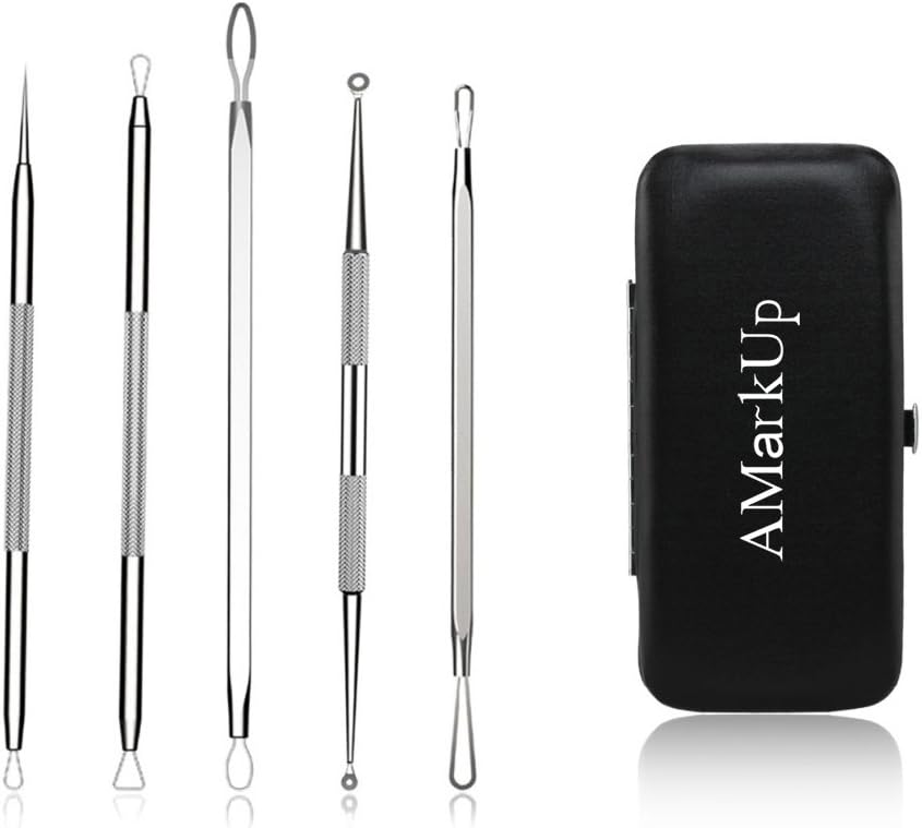 AMarkUp Blackhead Remover Pimple Comedone Pimple Extractor Tool Treatment for Blemish Whitehead Acne Zit with Leather Case