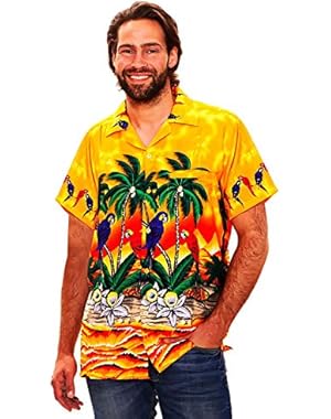 Funky Hawaiian Shirt for Men Short Sleeve Front-Pocket Parrot Palm Multiple Colors