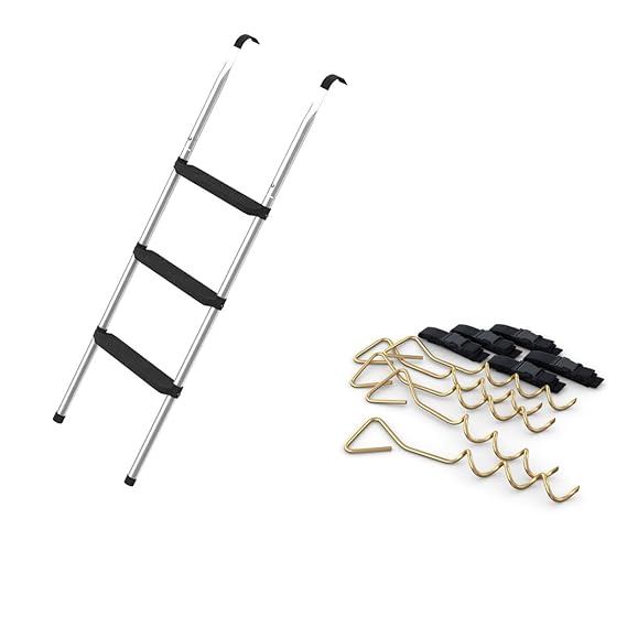 Ampel 24 Klassik Trampolin Leiter 110 cm lang mit 3 Breiten Stufen & 5 Erdanker zum Eindrehen mit verstellbarem Gurt zur Sich