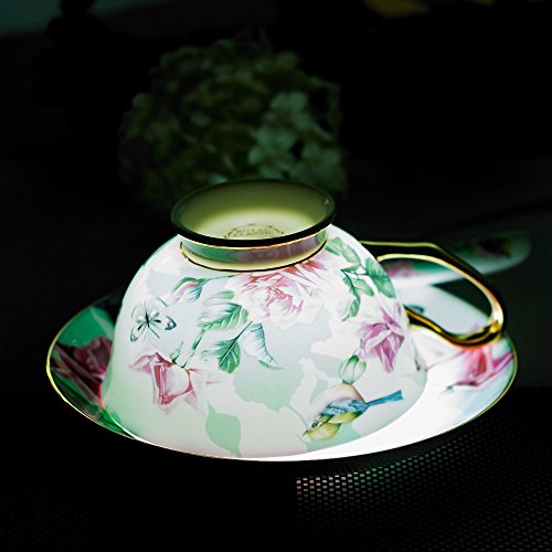 Panbado 3 Piece Bone China Tea Cup Saucer Set With Spoon, Porcelain Gold Rimmed Teacup Coffee, Flower And Birds, 200 mL/6.8 oz., Green - Thumbnail 4