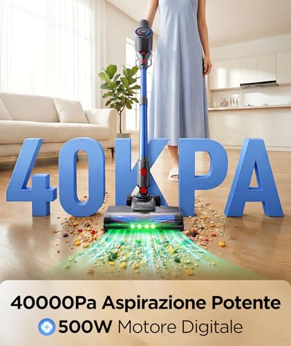 VersLife Z8 Aspirapolvere Senza Fili, 40KPa Scopa Elettrica Leggera con Luce LED Verde, Filtro HEPA, Autonomia 45 Min, Design Autoportante, per Pavimenti Duri, Tappeti e Peli di Animali