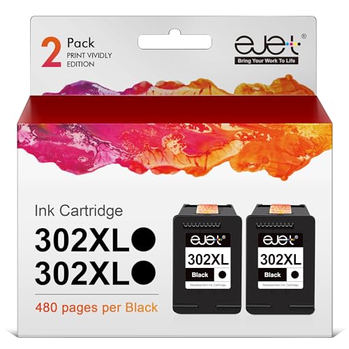 Ejet Ink, Remanufactured for HP 302 302XL for HP Deskjet 1110 2130 2134 3630 3632 3634 5230 5220 Envy 4520 4521 4522 4523 4524 Officejet 3830 3831 3833 4650 4651 4652 4654 4655 4658 Printers (2 Black)