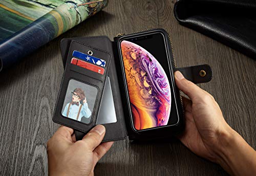 Urvoix for iPhone Xs Max Case, 2 in 1 Premium Leather Wallet Multi-Functional Handbag Detachable Magnetic Cover with Clutch Strap Zipper Flip Card Holder for iPhone Xs Max(6.5-inch Screen), Black