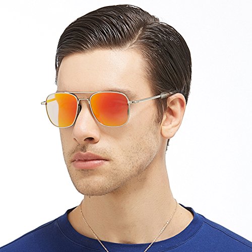 FAPIR Retro Polarized Aviator Sunglasses For Men UV Protection Mirrored Metal Military Pilot Glasses (Silver&Orange Red, 55)