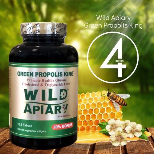 4-Bottle Pack Brazilian Green Bee Propolis King Capsule-Non Alcoholic, Wax Free, Sugar Free, 120 Vegetarian Softgel
