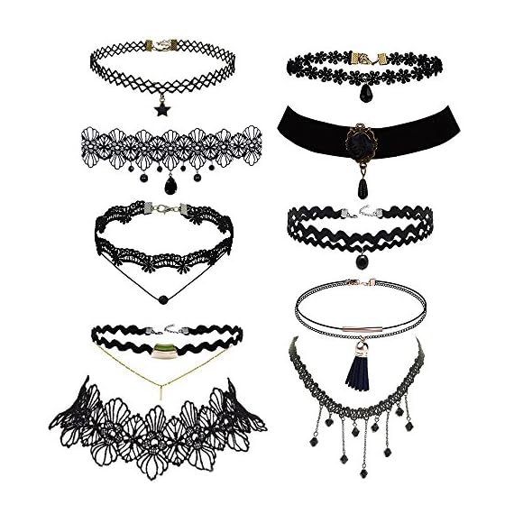 Trasfit-10-Pieces-Lace-Choker-Necklace-for-Women-Girls-Black-Classic-Velvet-Stretch-Punk-Gothic-Tattoo-Lace-Style-1