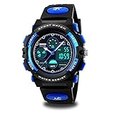 Kids Sport Outdoor Digital Unusual Analog Quartz Dual Time Zone Waterproof PU Resin Band Watch with Chronograph, Alarm, Classic Design Calendar Date Window for Boys Girls Children - Blue