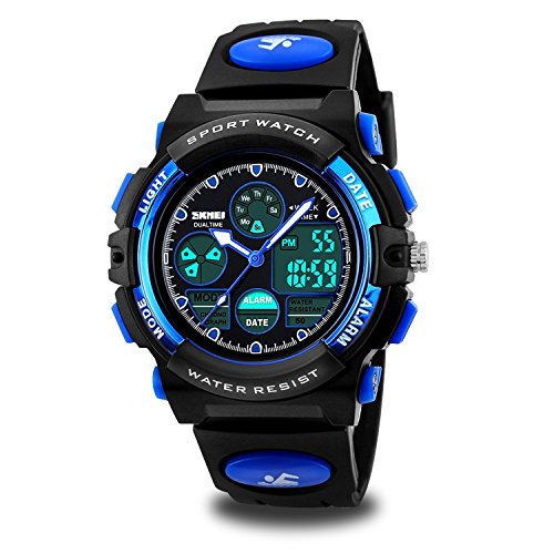 Kids Watches, Boys Mulitfunction Sports Watches 50M Waterproof Analog Digtal Dual Time Watch with Alarm Stopwatch Calendar Watches blue