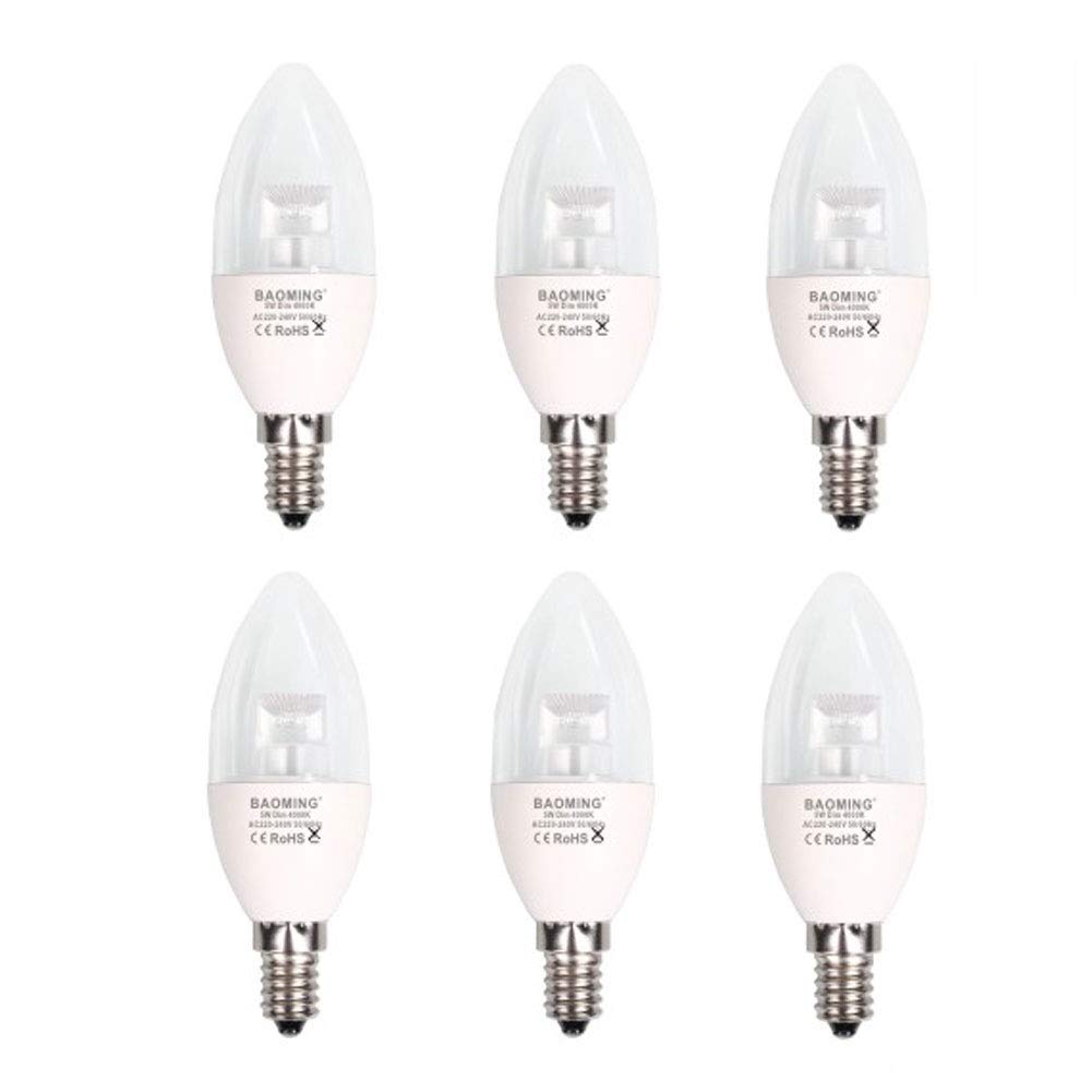 BAOMING Dimmable E14 LED Candle Light Bulb 40W Equivalent, Neutral White 4000K Candelabra E14 Bulbs, 400lm, CRI80, Clear, 220-240 Volt, Pack of 6