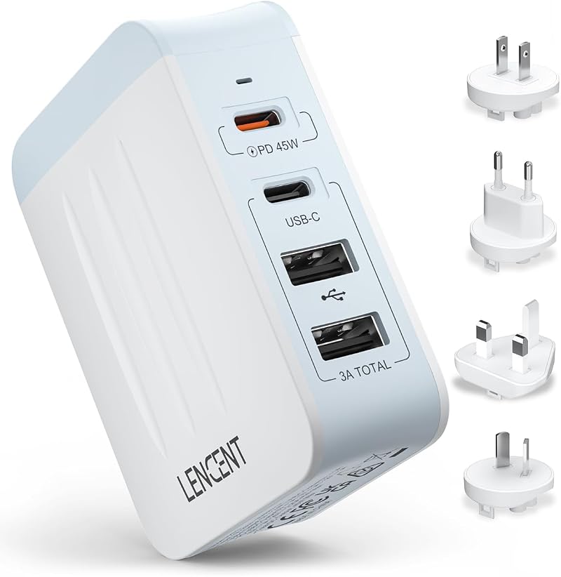 LENCENT 45W USB Charger 4 Ports USB PD Type-C UK USA EU AUS Plug Travel
