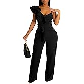 kaimimei Womens Casual Jumpsuits V-Neck Sleeveless Ruffle Backless Belted Wide Leg Pant Sexy Romper Party Clubwear