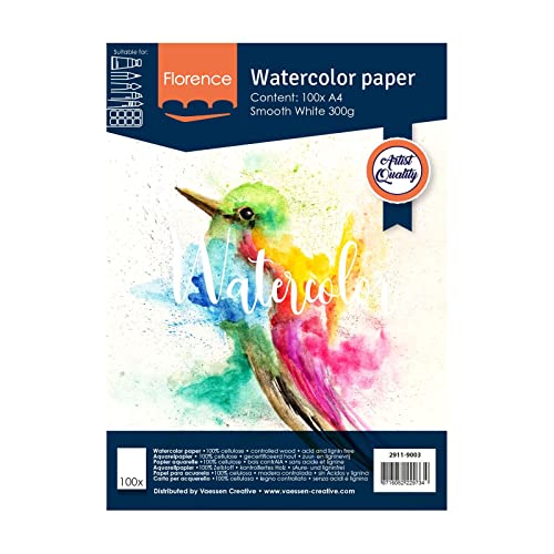 Vaessen Creative Florence Watercolour Paper A4, Ivory, 300 GSM, Artist Grade Quality, Smooth Surface, 100 Sheets for Painting, Handlettering, Art Projects, White