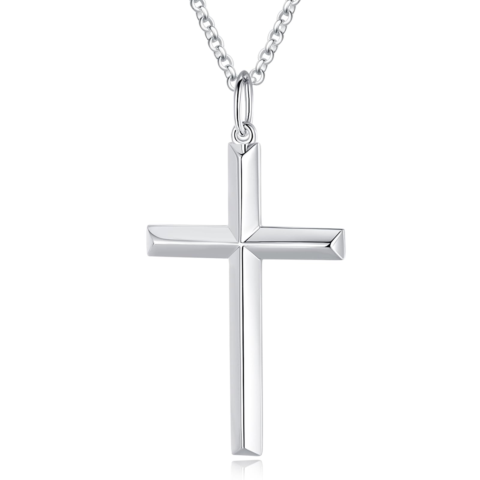 FANCIME White Gold Plated 925 Solid Sterling Silver High Polished Mens Crucifix Pendant Necklace Fine Jewellery for Mens Boys - Chain Length: 24 Inch