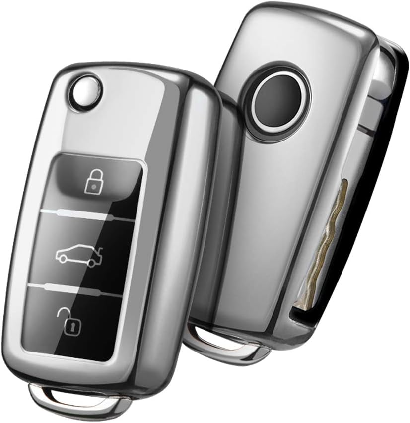OATSBASF Car Key Cover Compatible with VW,Key Protective Case for VW Golf 4 5 6 Polo Skoda Seat TPU Silicone 3 Buttons Box (Silver)