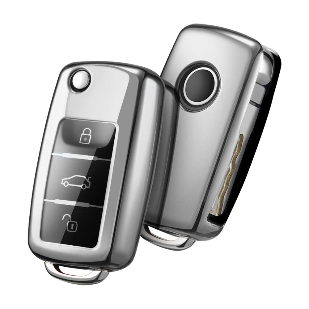 OATSBASF Car Key Cover Compatible with VW,Key Protective Case for VW Golf 4 5 6 Polo Skoda Seat TPU Silicone 3 Buttons Box (Silver)