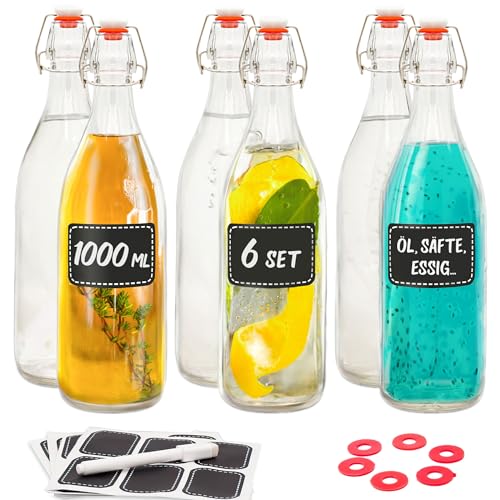 Praknu 6Er Set Glasflaschen 1L Mit Bügelverschluss - Bügelflaschen Zum Befüllen - Inkl 6 Extra Dichtungen &Amp; 12 Etiketten Mit Stift - Glasflaschen Für Öl, Essig, Saft, Kombucha &Amp; Wein.