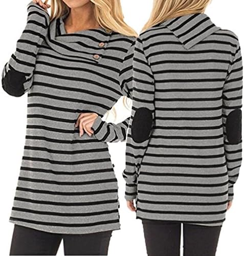 Womens Tops Women’s Casual Turn-Down Collar Striped Elbow Patch Shirts Long Sleeve Sweatshirt Tops Blouse (USS=TagM, Gray)
