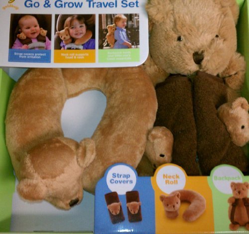 Goldbug Go and Grow Travel set including strap covers, neck roll, and bear backpack