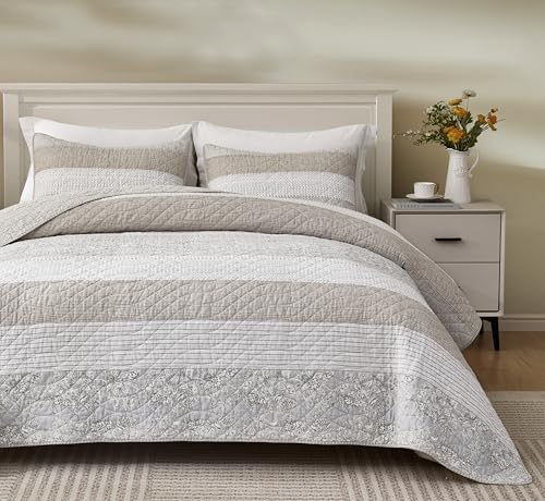 Chezmoi Collection Robyn 3-Piece Gray Taupe White Floral Hibiscus Flower Patchw…