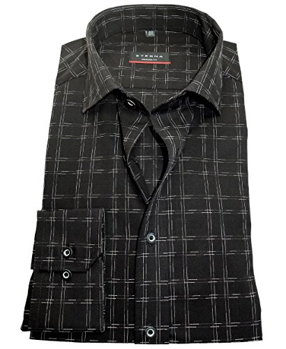 eterna Modern Fit Langarmhemd in schwarz weiss Karostruktur 8025-39-X177
