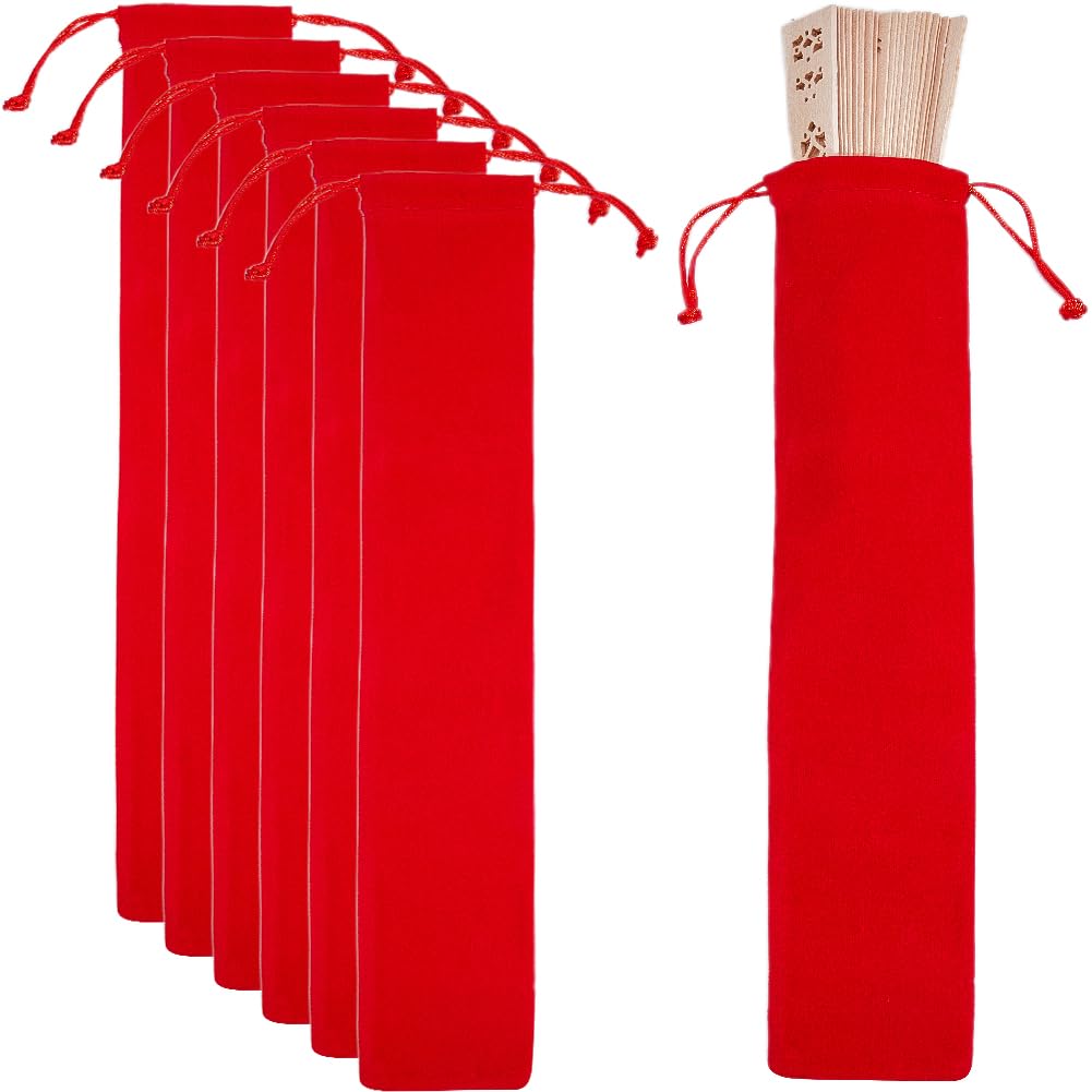 Beebeecraft 8Pcs Folding Fan Pouch Velvet Red Drawstring Music Instrument Hand Fan Bag for Wedding Party Gifts Handheld Fan Folding
