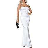 EYNMIN Women's Sleeveless Bodycon Corset Maxi Dress Spaghetti Strap Ruched Elegant Evening Wedding Guest Long Formal Dresses